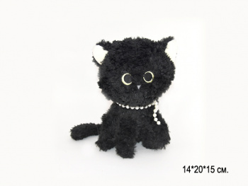 им Кошка арт. 16058-209 Черная кучерявая в бусах сидит 20*15 см в пак.